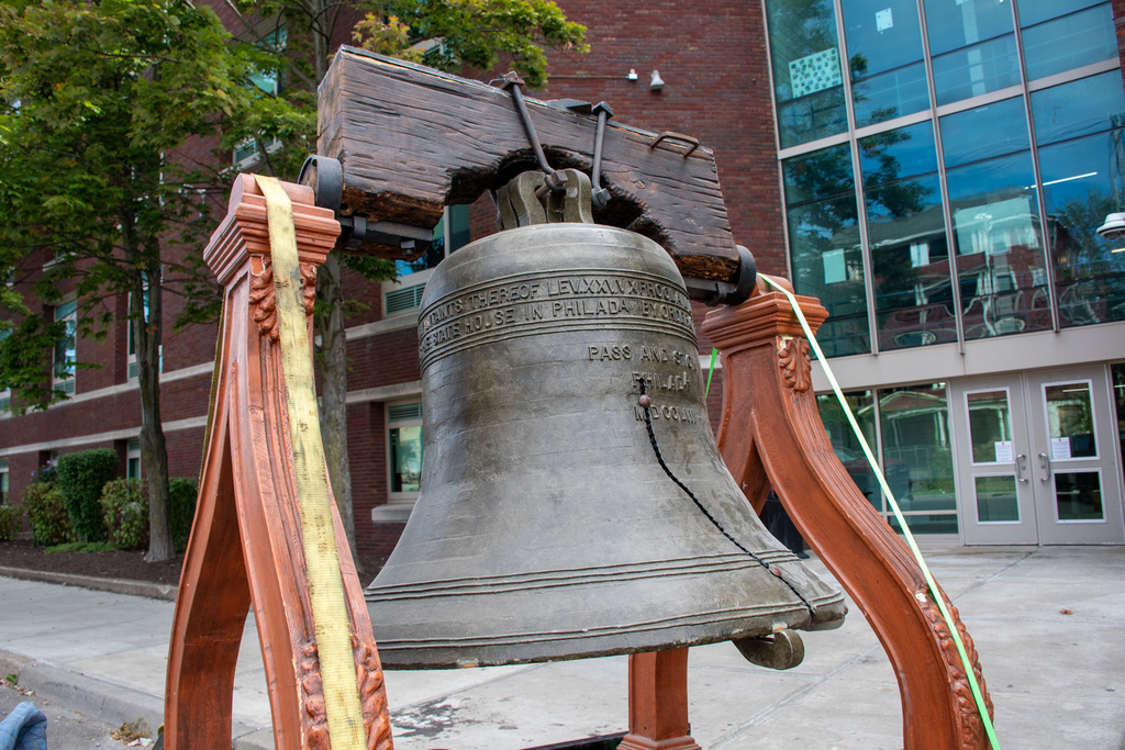 Liberty Bell replica sits outside Binghamton High School before being transported to Owego