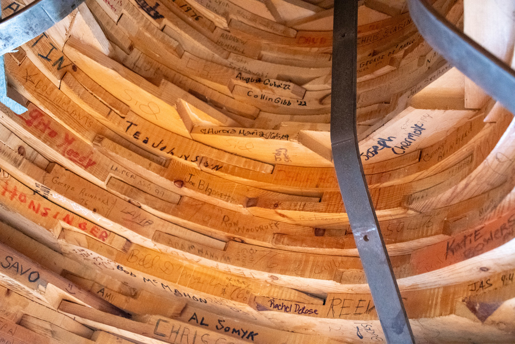 interior of Liberty Bell replica with signatures of Binghamton alumni