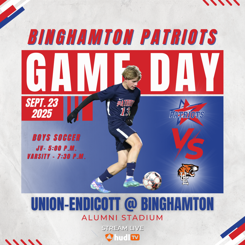 game day graphic with information about boys soccer game against union endicott