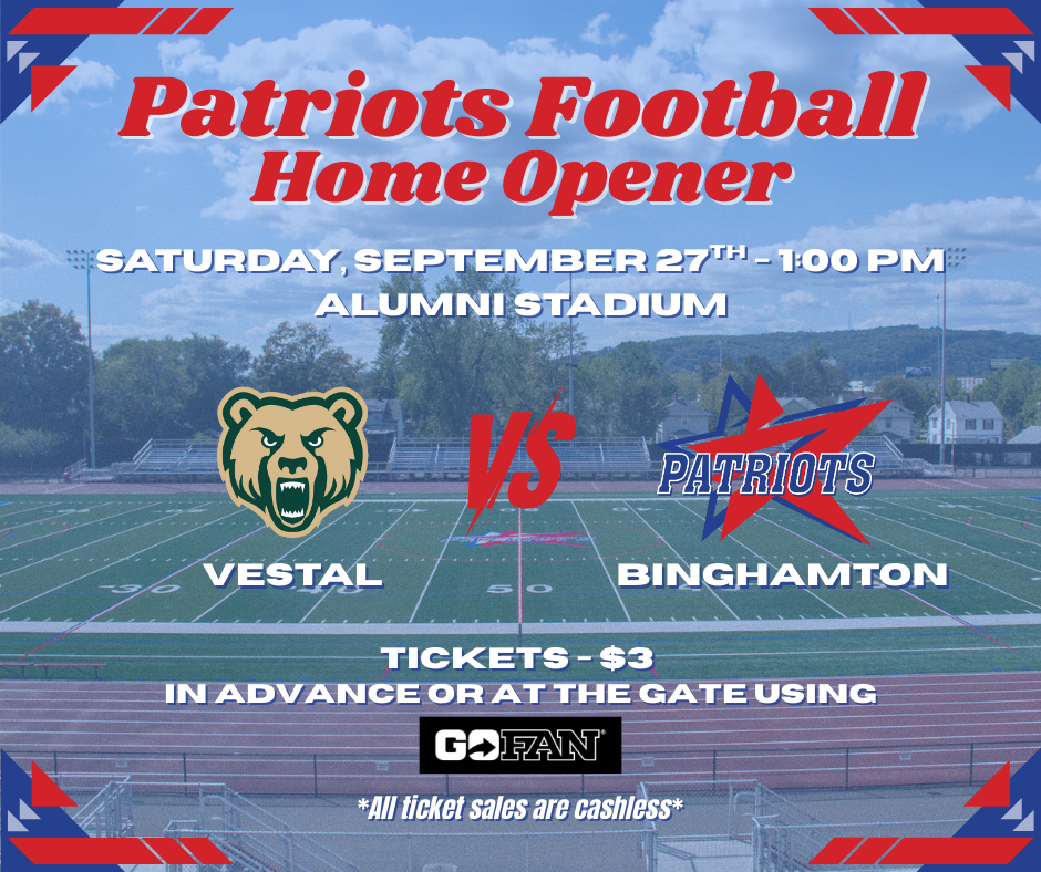 Patriots Football home opener graphic with information about the game against Vestal