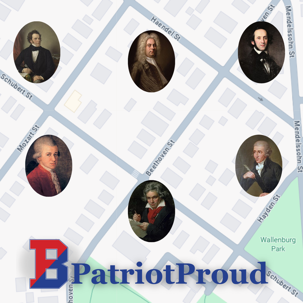 binghamton street map with images of famous composers from whom six streets are named