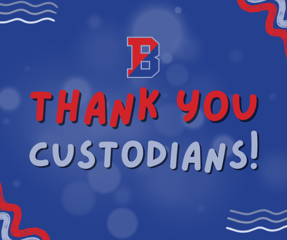 red and blue graphic that says thank you custodians