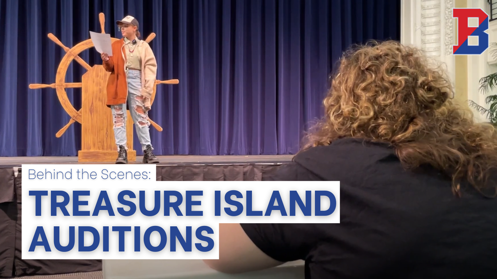 treasure island behind the scenes graphic with image student reading script on stage