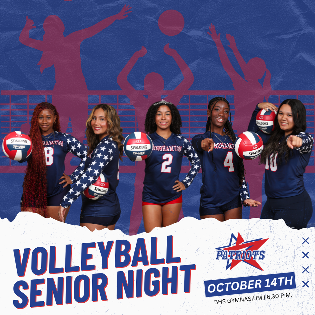 volleyball senior night graphic with pictures of binghamton's five senior volleyball players