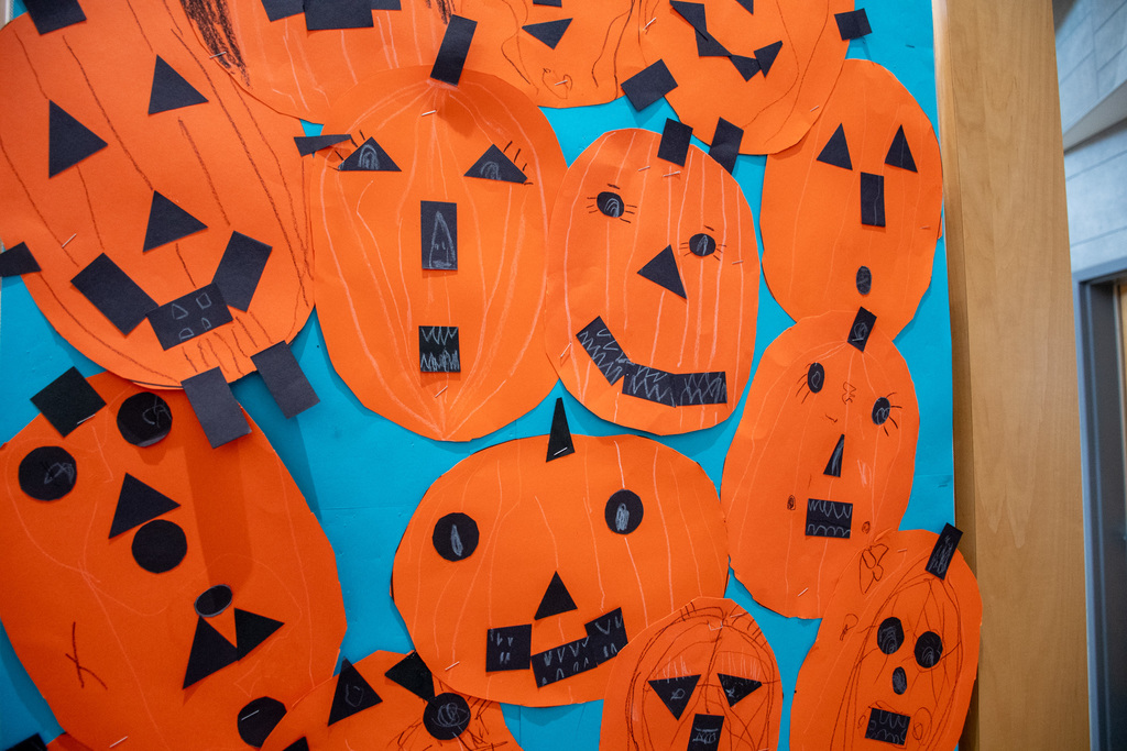 student artwork of paper pumpkins