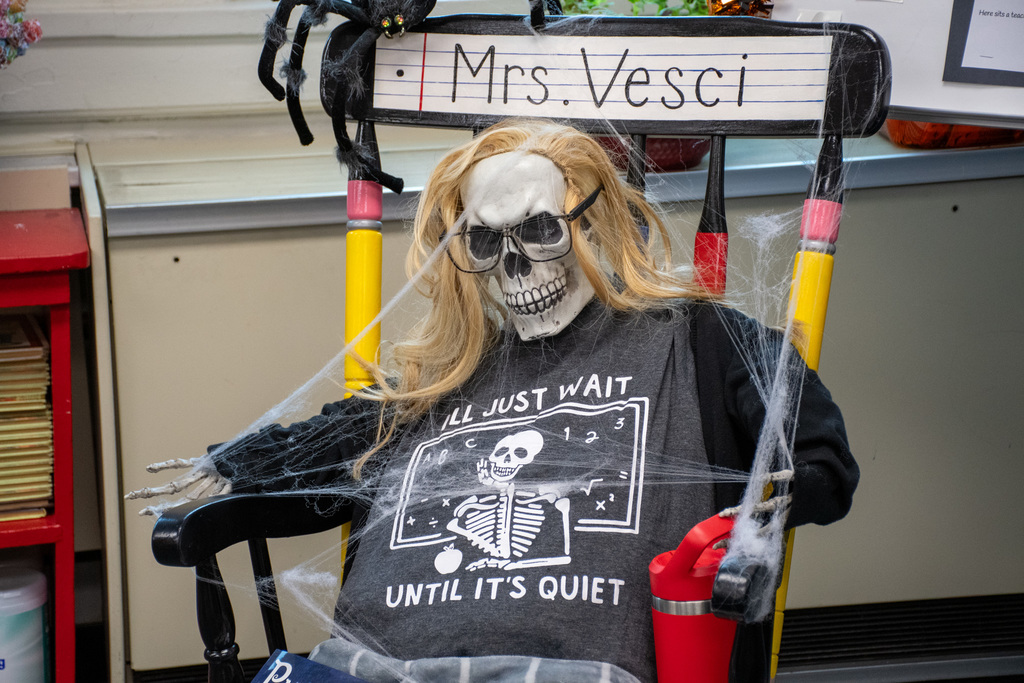 skeleton dressed up to look like teacher
