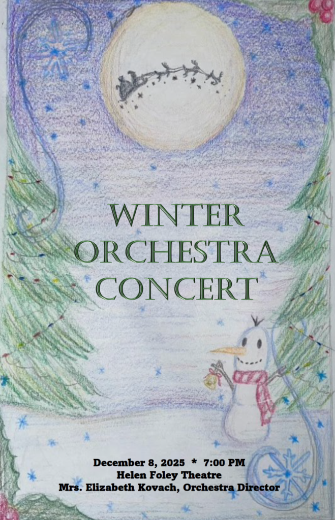 winter orchestra program cover featuring drawing of decorated evergreen trees, a snowman, and a silhouette or santa's sleigh over the moon
