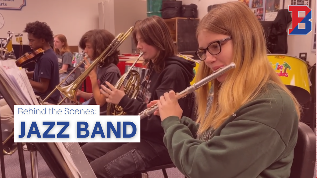 jazz band behind the scenes graphic with students playing instruments