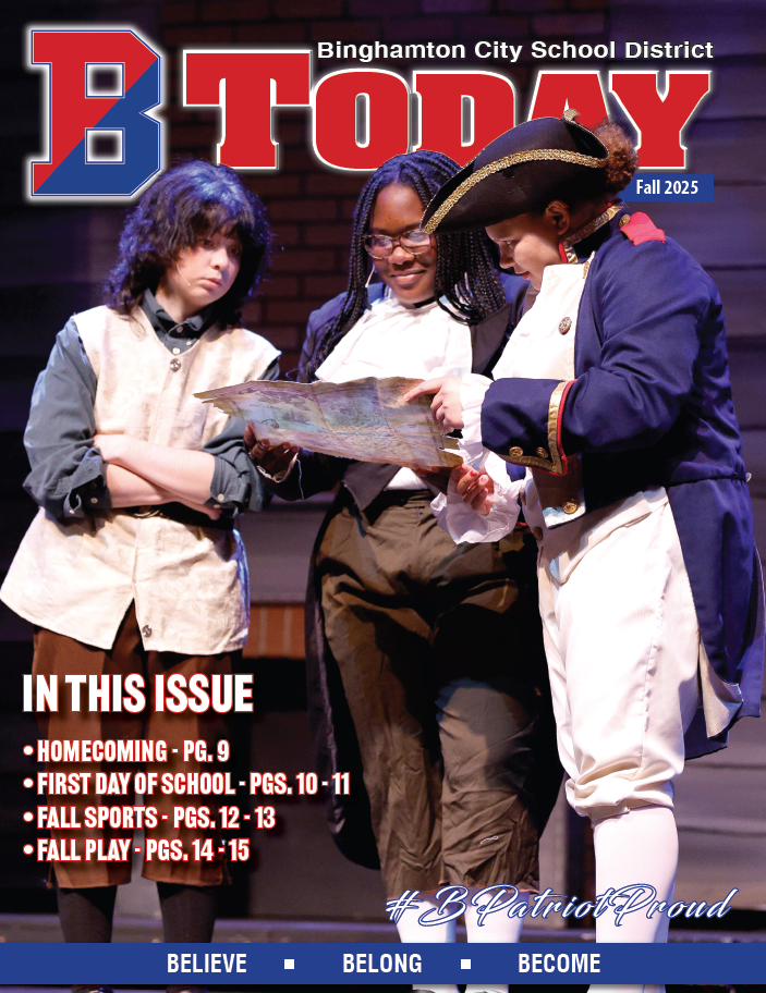 BToday Fall 2025 cover with picture of three students performing in Treasure Island at Helen Foley Theatre