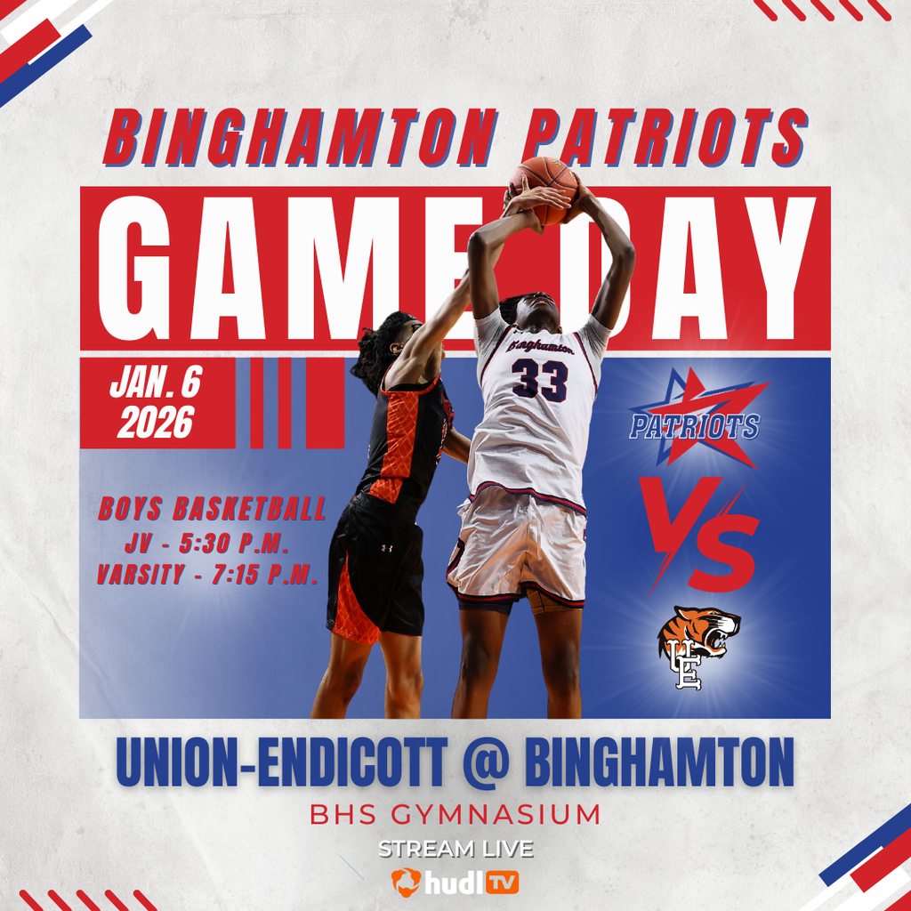 game day graphic with information about boys basketball game against union-endicott