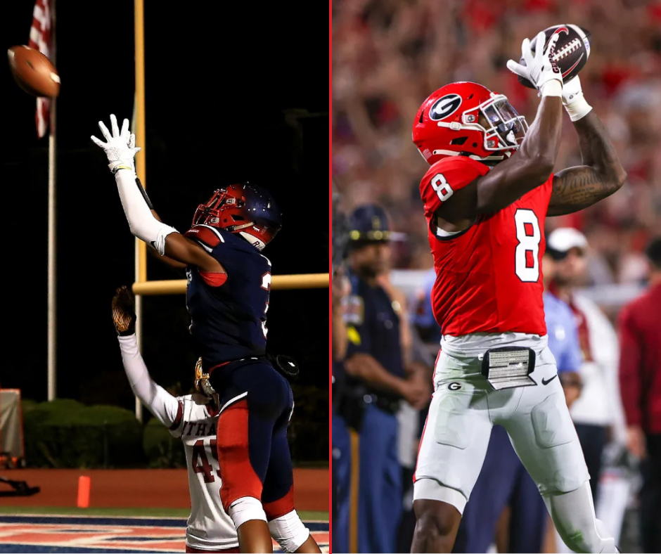 split screen image of colbie young with one photo while playing for binghamton high school and the other playing for university of georgia