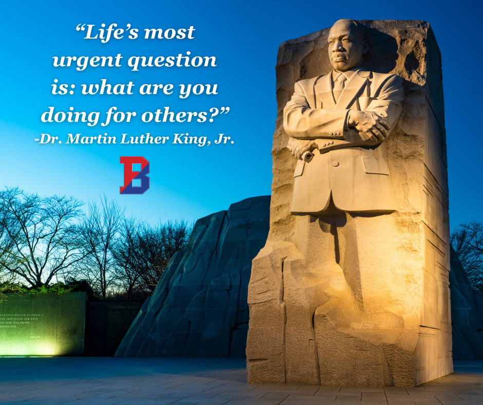 mlk jr day graphic with image of mlk jr. memorial and quote 