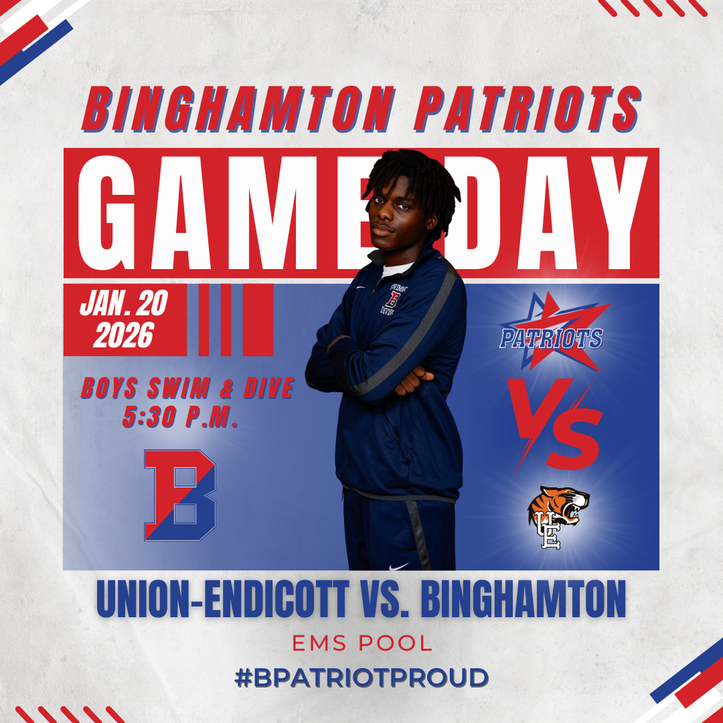 game day graphic with information about boys swim meet against union endicott