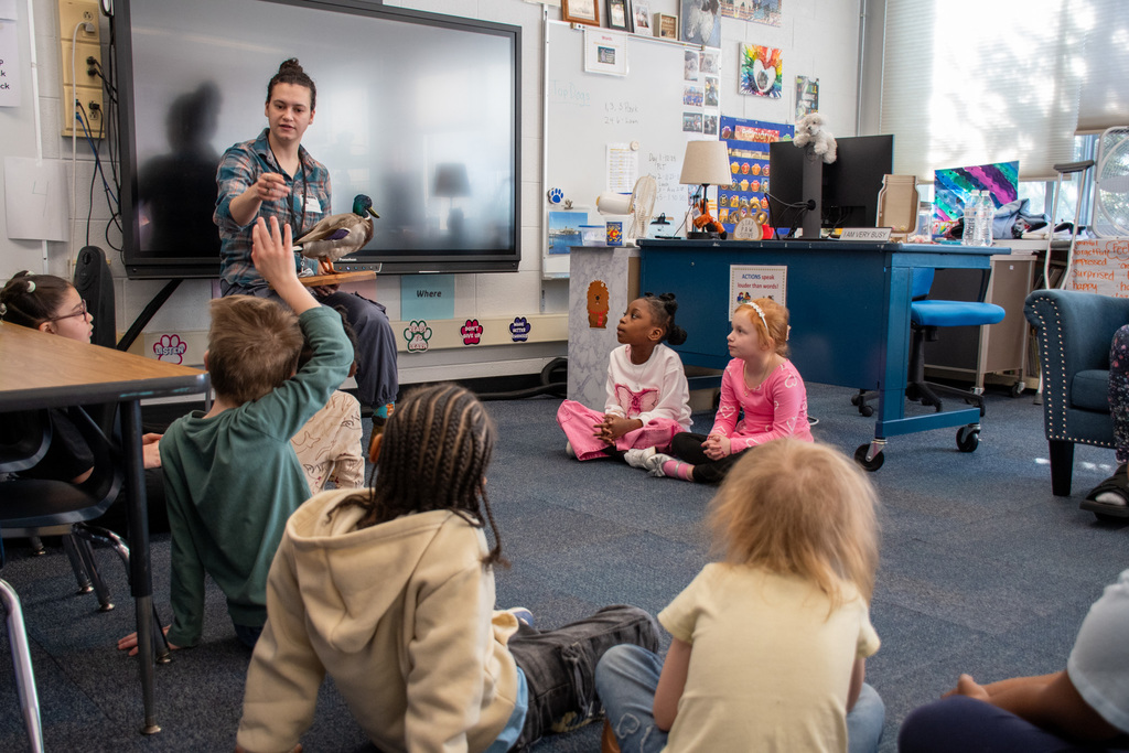 student raises hand to ask question while instructor who is holding a taxidermied duck calls on him