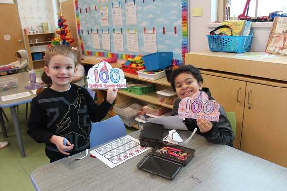 Kindergarten students at Benjamin Franklin Elementary celebrating the 100th day of school