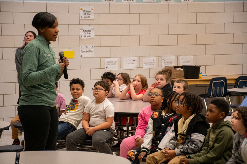 binghamton university women's basketball coach mary grimes speaks to students at roosevelt