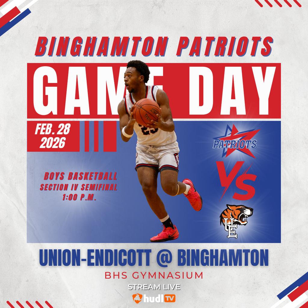 game day graphic with information about boys basketball section IV semifinal game against union endicott