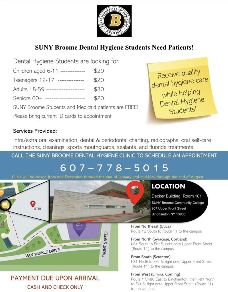 suny broome dental hygiene flyer with information about dental services