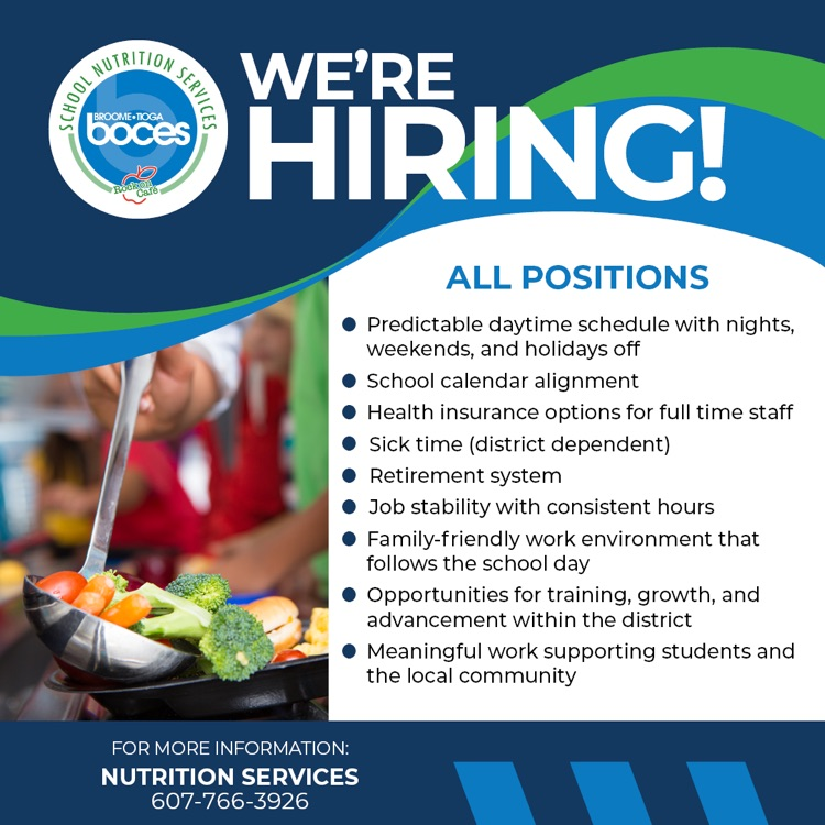 BOCES Food Services job openings listed on graphic with image of vegetables