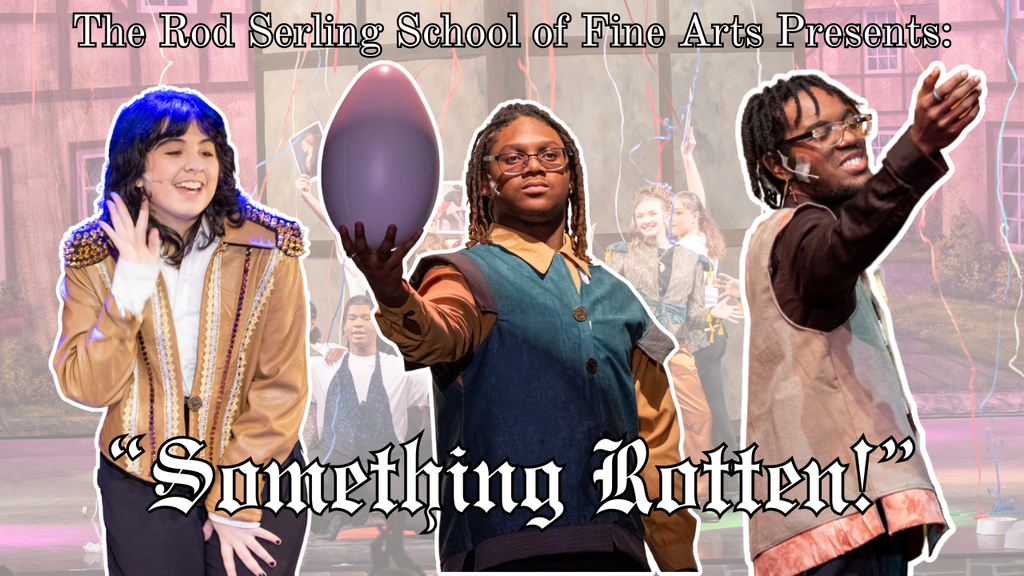 youtube thumbnail with images of three actors from "something rotten!" at bhs