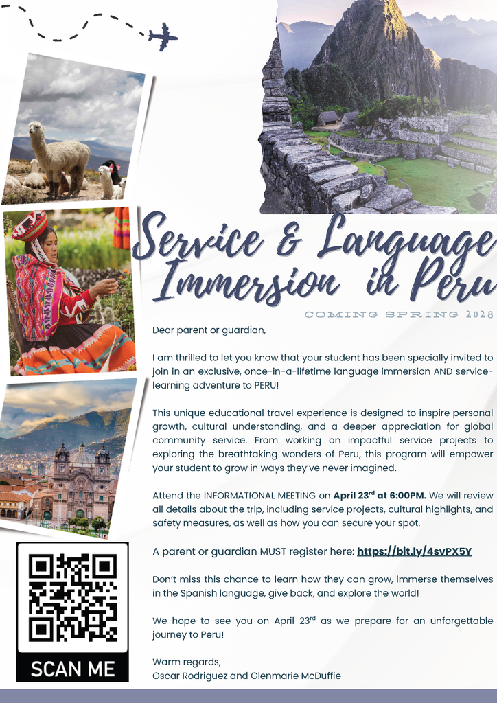 bcsd spanish club trip to peru flyer