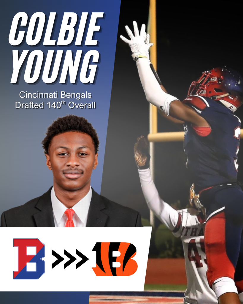 graphic with images of colbie young and the binghamton b logo and cincinnati bengals logo