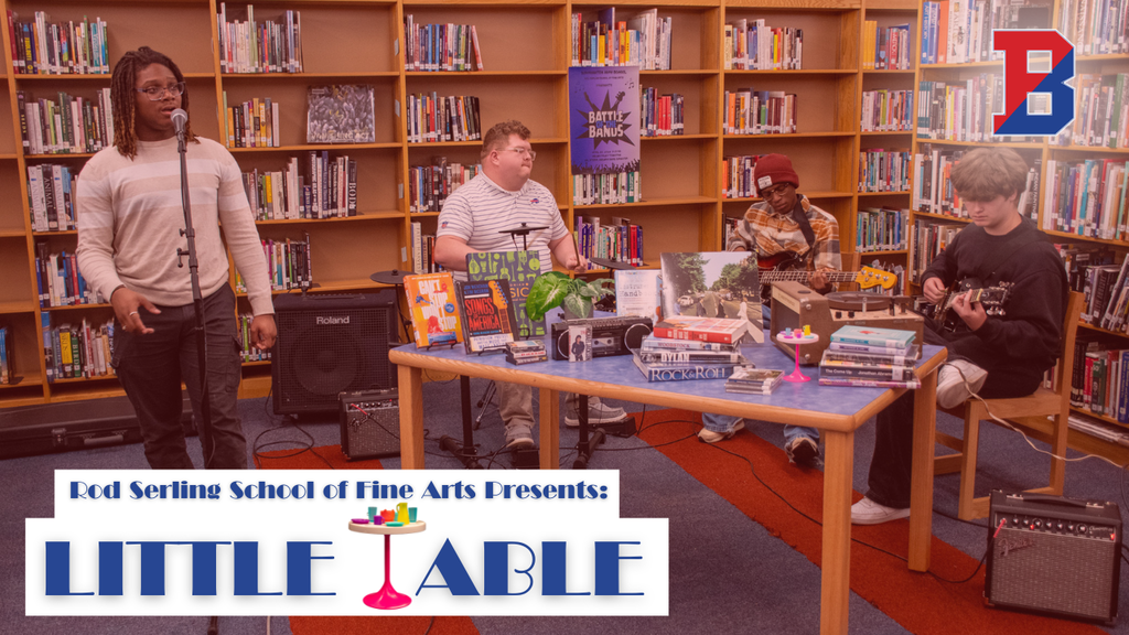 graphic for little table concert series with image of four people in a band playing inside the BHS library