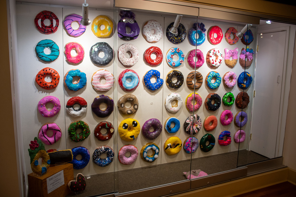 plaster sculpted donuts on display at bhs art gallery