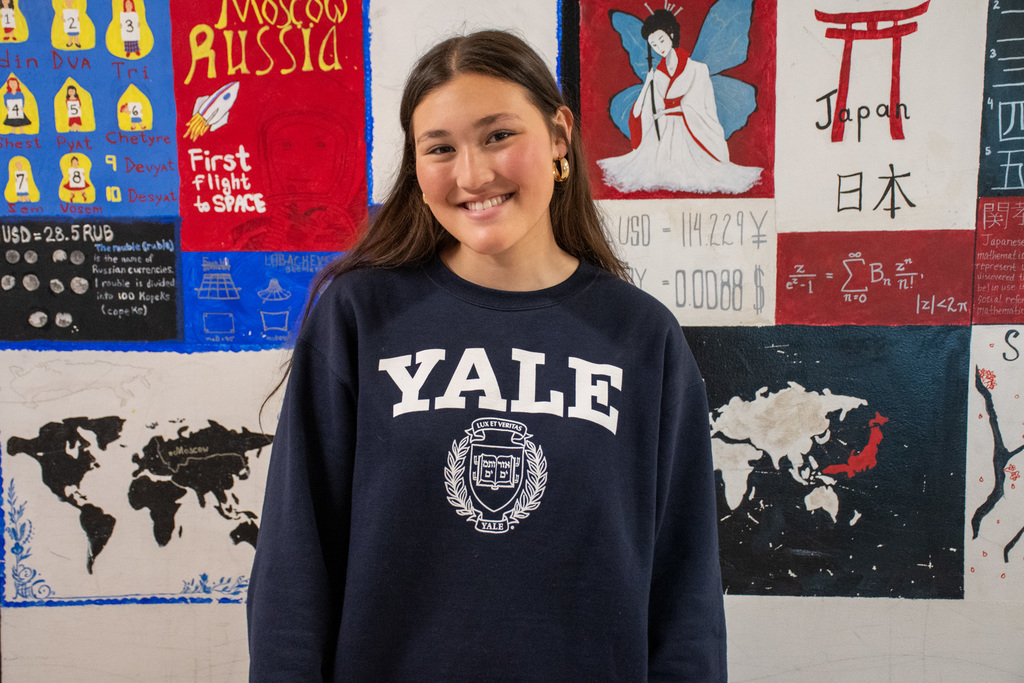 student wearing yale shirt
