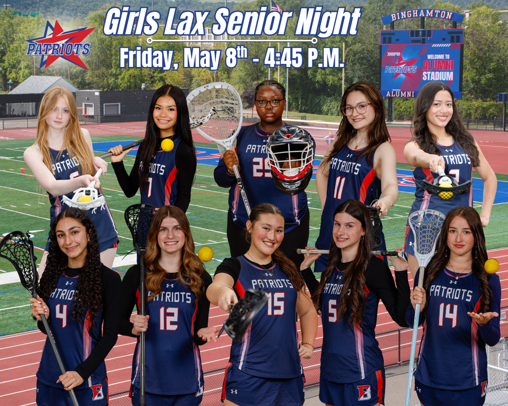 Girls lacrosse senior night graphic with images of ten seniors from the girls lacrosse team