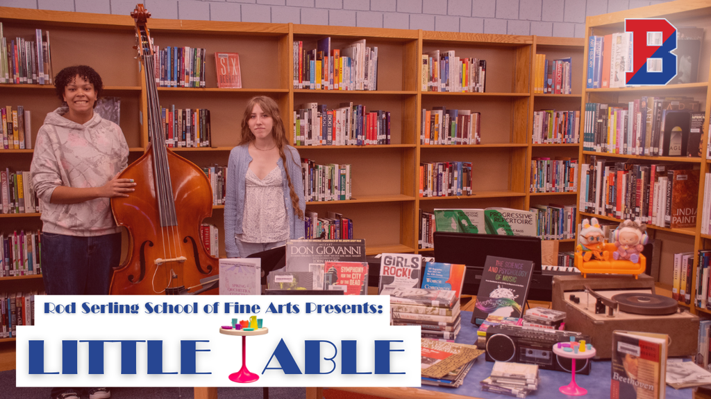 graphic for little table concert series with image of two orchestra students posing inside the bhs library