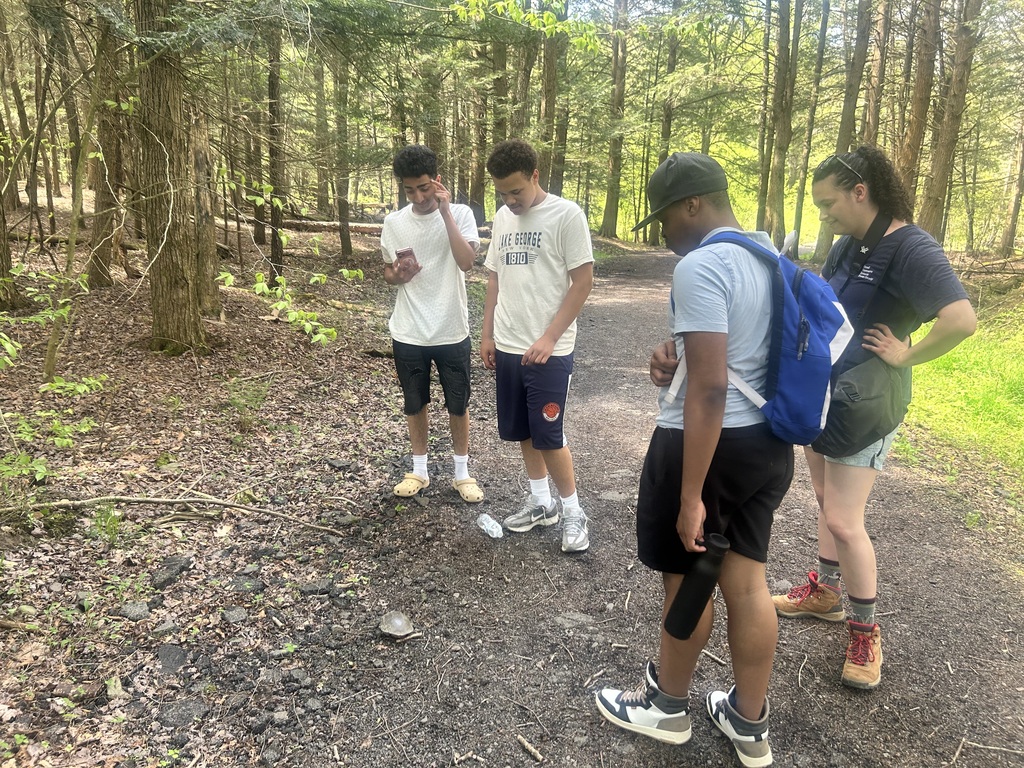 students examine plants on hiking trail at cole park