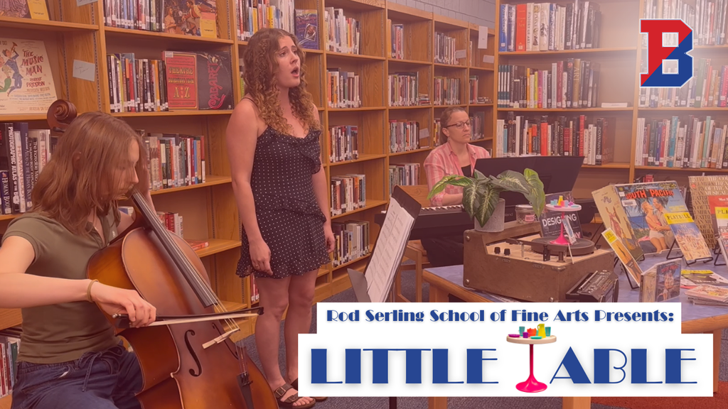 graphic for little table concert series featuring student playing cello, student singing, and teacher playing piano in binghamton high school library
