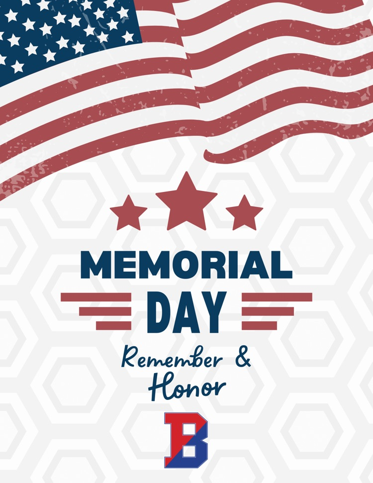 Memorial Day graphic with US flag, red stars, and text that says “remember and honor"