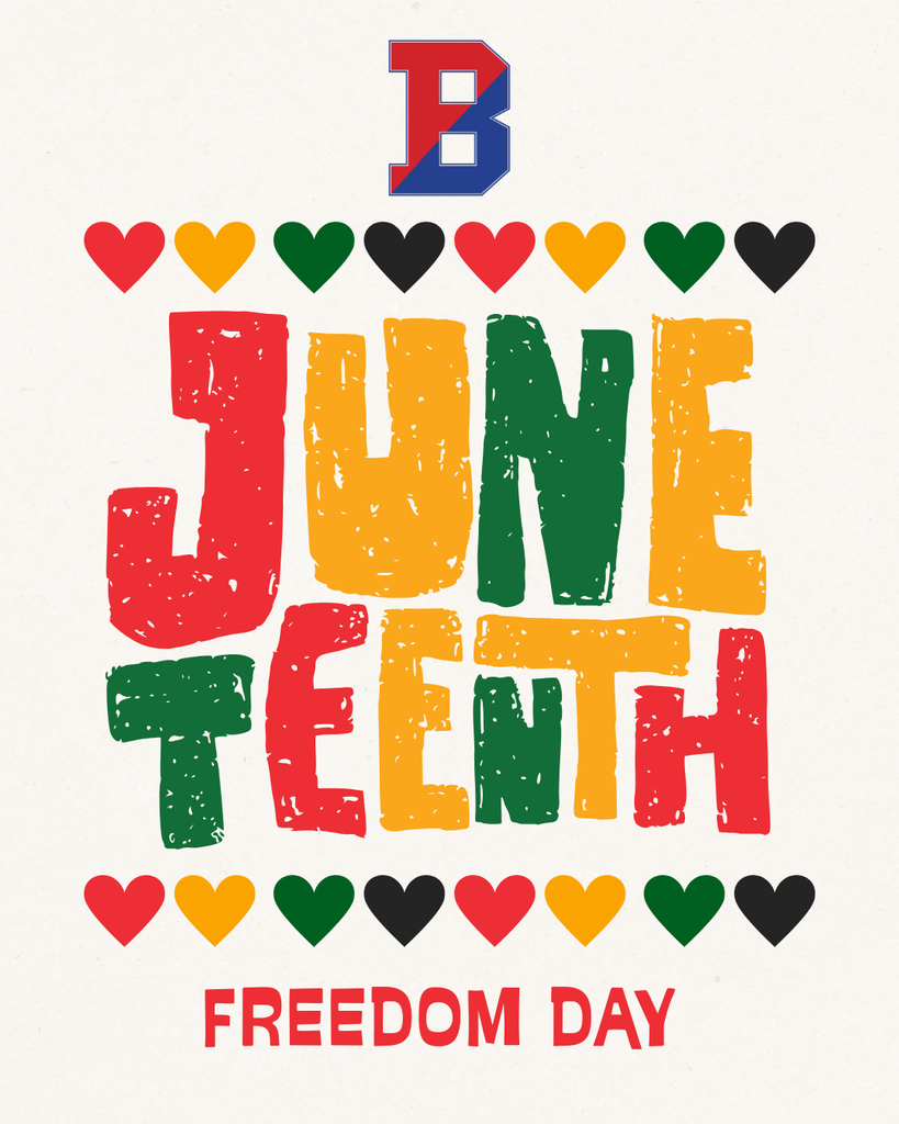 juneteenth graphic with red, yellow, green, and black hearts and the word "juneteenth" across the front