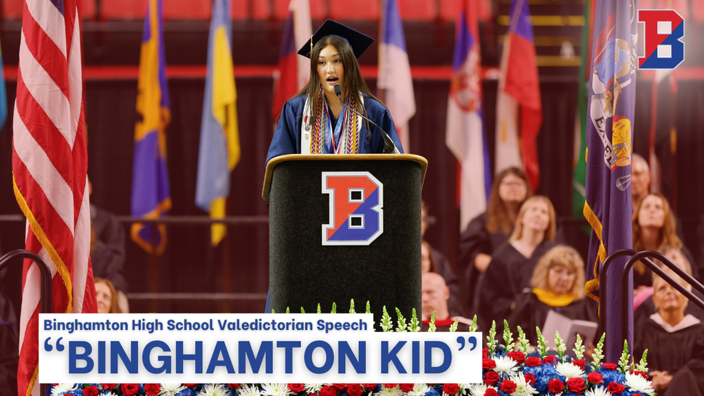 graphic with image of BHS valedictorian speaking at podium during commencement ceremony