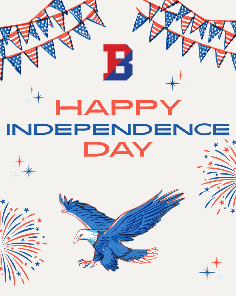 independence day graphic with binghamton B logo, flags, fireworks, and eagle