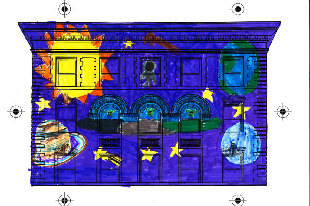 student drawling of outer space scene that will appear at LUMA Festival