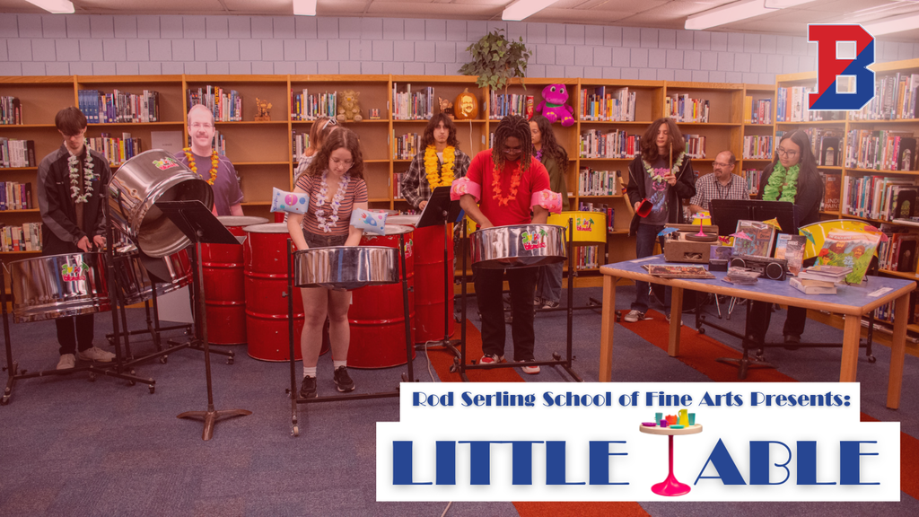 graphic for little table concert series with image of four people in a band playing inside the BHS library
