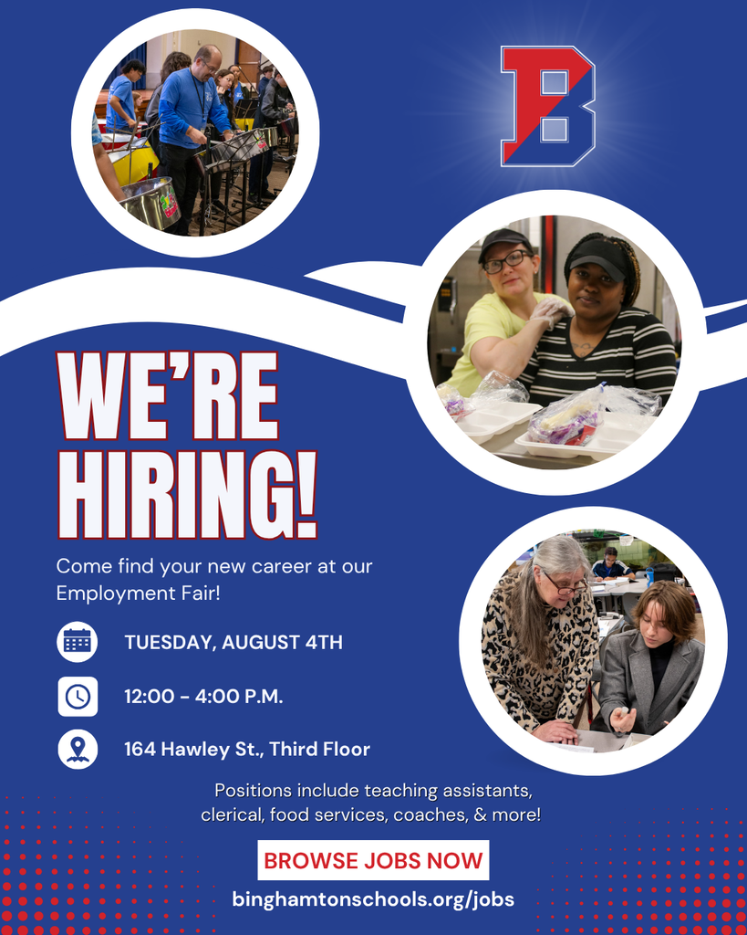 BCSD job recruitment flyer with images of Binghamton employees and details about job fair event