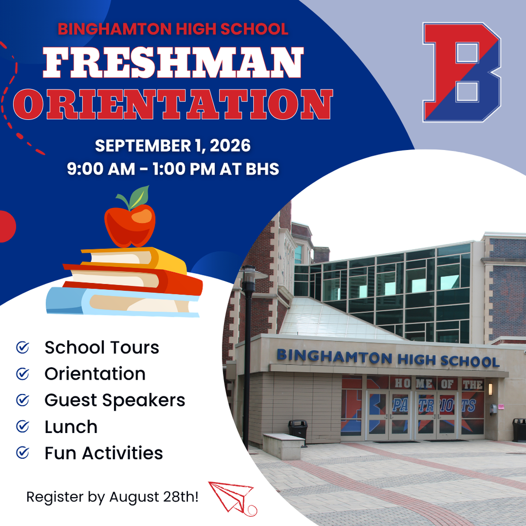 BHS freshman orientation graphic with image of binghamton high school and details about the event