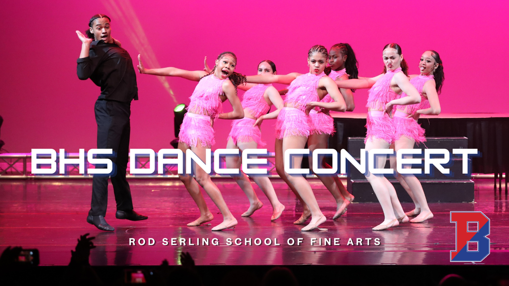 BHS Dance Concert graphic with girls in pink costumes holding stretched-out arms in front of them 