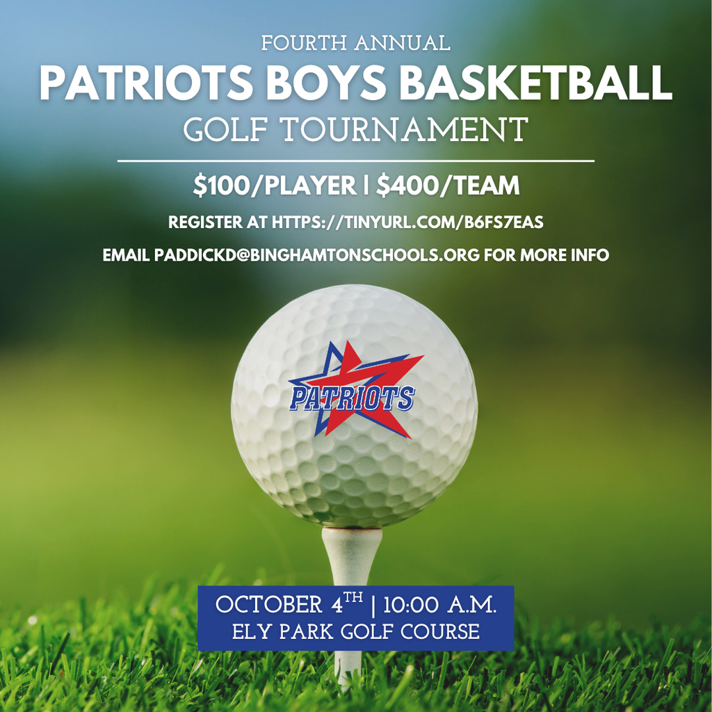 graphic for patriots boys basketball golf tournament with image of golf ball and patriots logo