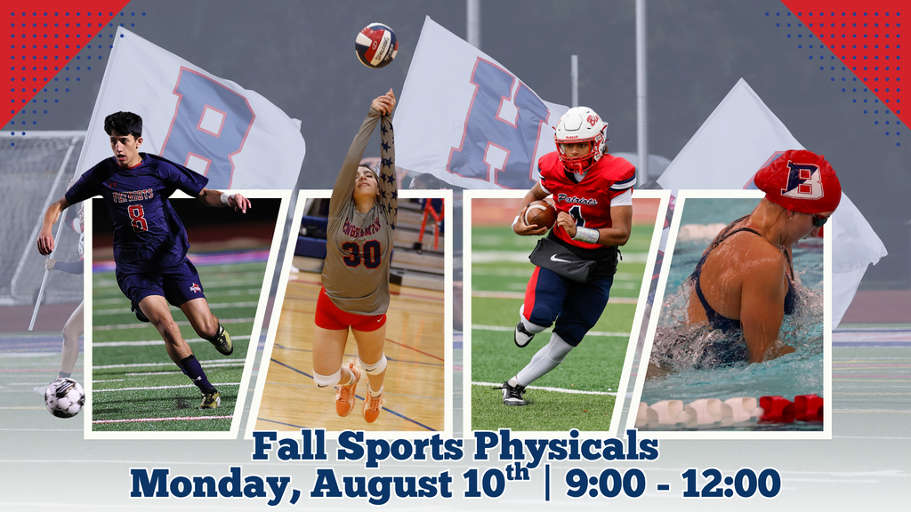 graphic advertising fall sports physicals with images of boys soccer player kicking ball, volleyball player diving for ball, football player running with ball, and girls swimmer