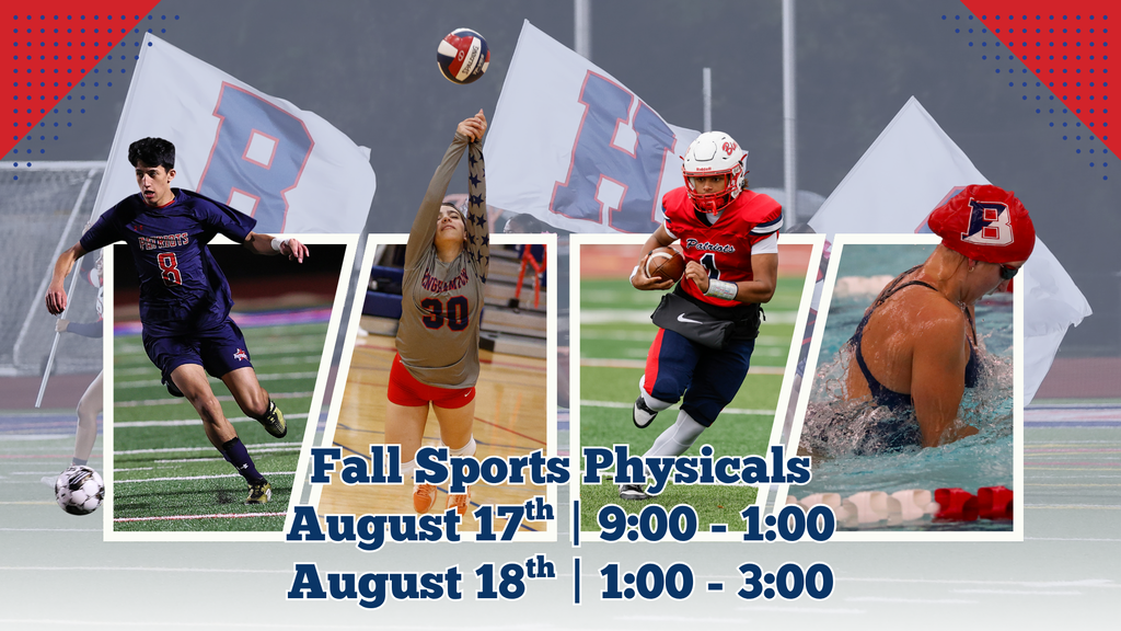 graphic advertising fall sports physicals with images of boys soccer player kicking ball, volleyball player diving for ball, football player running with ball, and girls swimmer