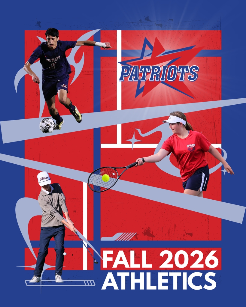 fall 2026 athletics poster with patriots star logo and images of boys soccer player, girls tennis player, and boys golfer