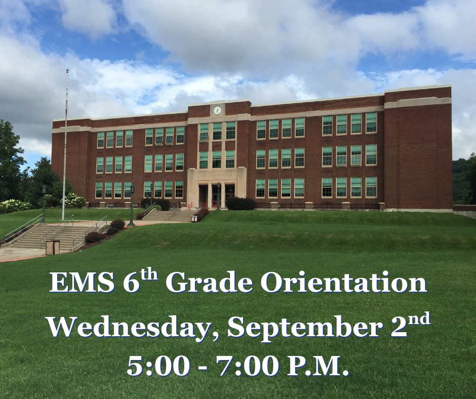 East Middle 6th grade orientation graphic with image of East Middle School