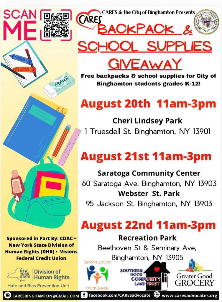 CARES backpack giveaway flyer with graphics of school supplies and information about school supply giveaway