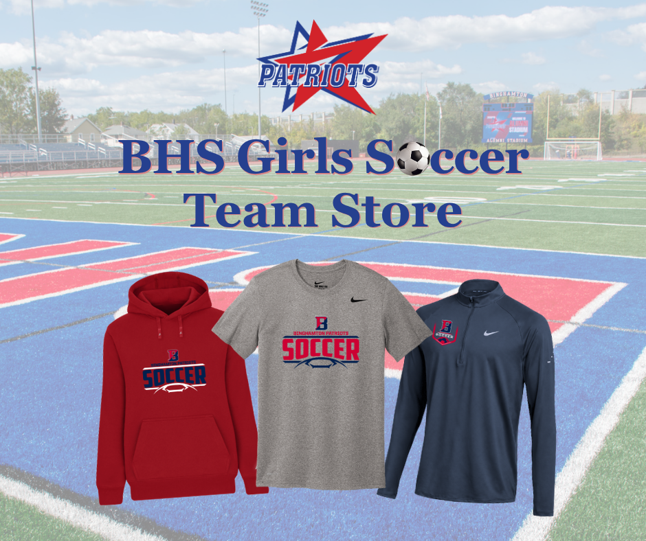 graphic advertising girls soccer team store with images of red sweatshirt, grey t shirt and navy blue long sleeve shirt