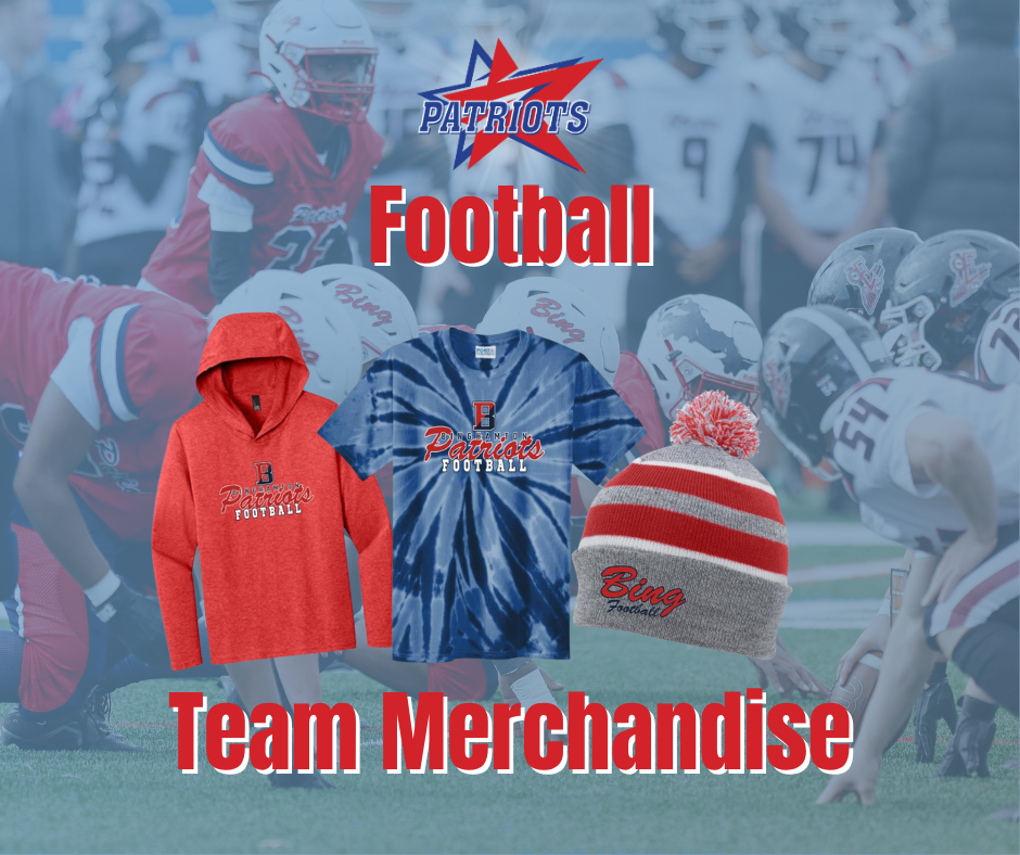 graphic advertising football team store with images of red sweatshirt, blue tie dye t shirt, and knit hat with pom pom on top